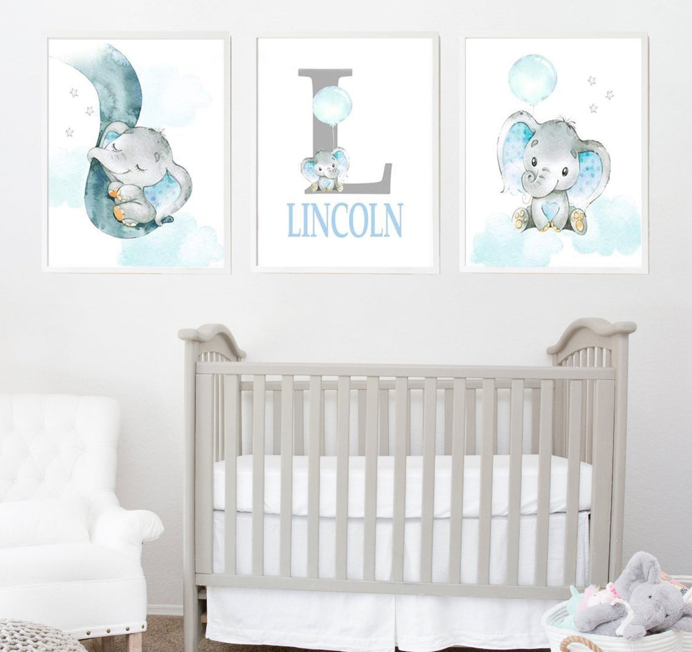 Personalized Name Baby Elephant Wall Art, Baby Boy Nursery Wall Art, 3 Piece Set Canvas Print