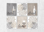 Eat Drink Love Flower Bursts Kitchen Art Canvas Print Set III